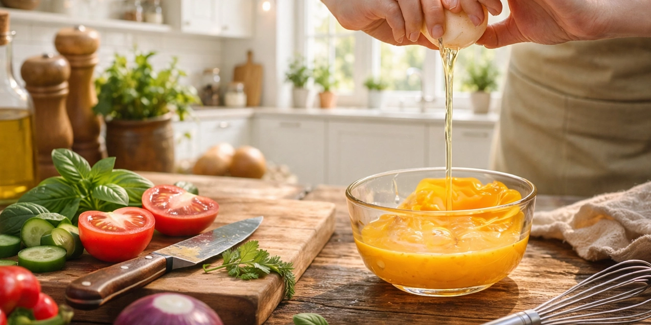 Hình ảnh đập trứng vào bát để làm Omurice